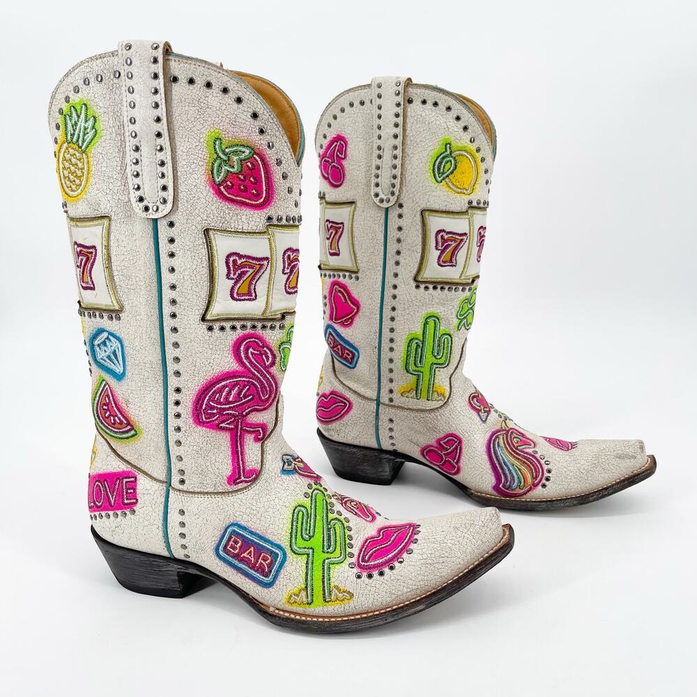 Old Gringo Jackpot Women’s 11 Distressed White Neon Embroidered Cowgirl Boots - Picture 2 of 12